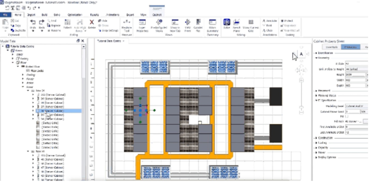 DCX by Cadence — Data Center 2D floor plan with cabinet layout and hot aisle containment highlighted in orange