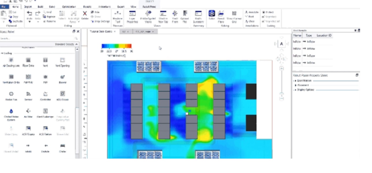 DCX by Cadence — 2D temperature contour result plane showing yellow-red hot spots between server rack rows