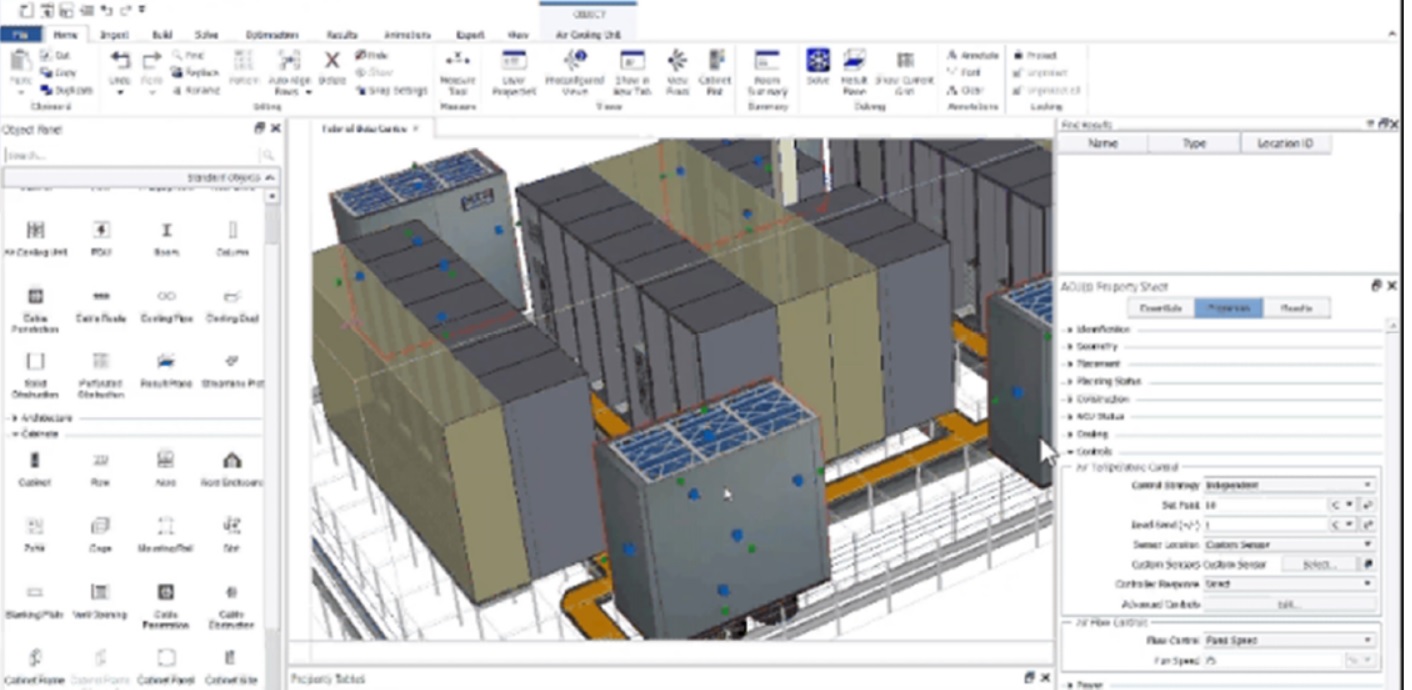 DCX by Cadence — 3D isometric view of data center with CRAC/CRAH air cooling units, server cabinets and containment corridors