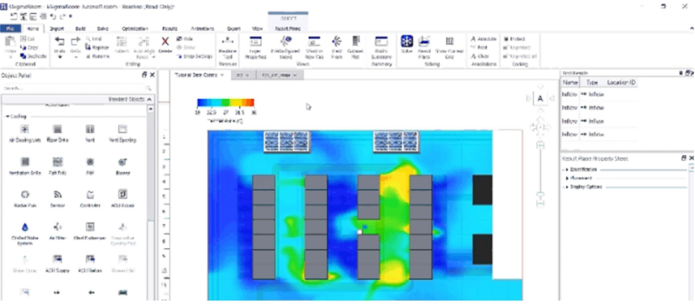 DCX by Cadence — Full data center temperature distribution result plane from 19°C to 36°C showing cold aisle supply and hot exhaust zones