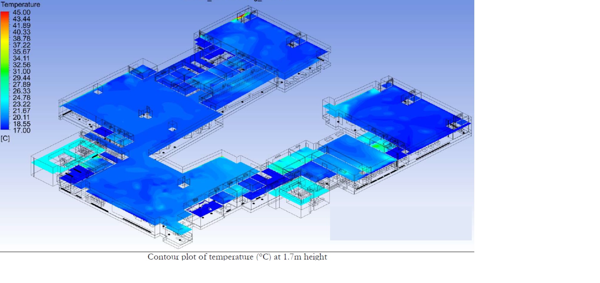 Contour plot of temperature (°C) at 1.7m height — Thermal Comfort CFD Analysis